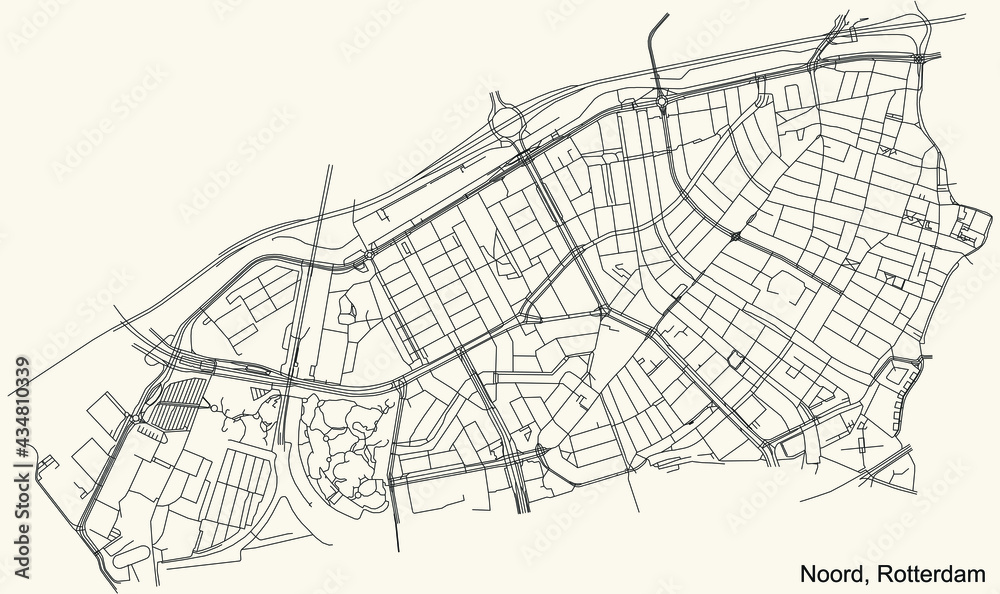 Black simple detailed street roads map on vintage beige background of the quarter Noord district of Rotterdam, Netherlands