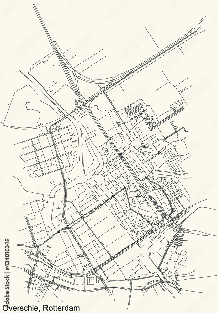 Black simple detailed street roads map on vintage beige background of the Overschie quarter district of Rotterdam, Netherlands