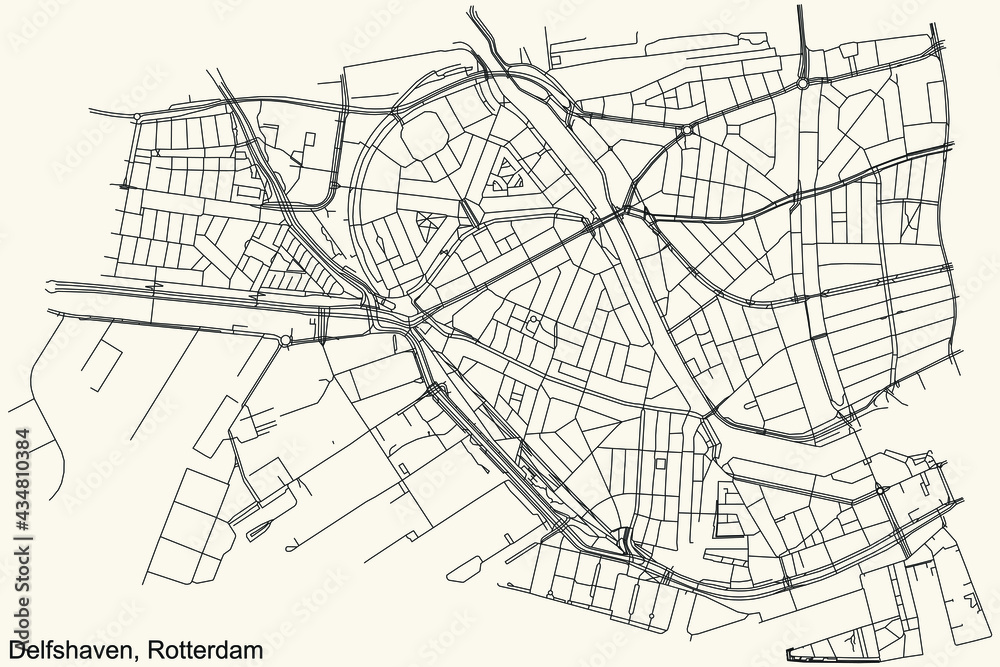 Black simple detailed street roads map on vintage beige background of the quarter Delfshaven district of Rotterdam, Netherlands
