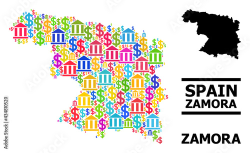 Bright colored bank and dollar mosaic and solid map of Zamora Province. Map of Zamora Province vector mosaic for ads campaigns and propaganda.