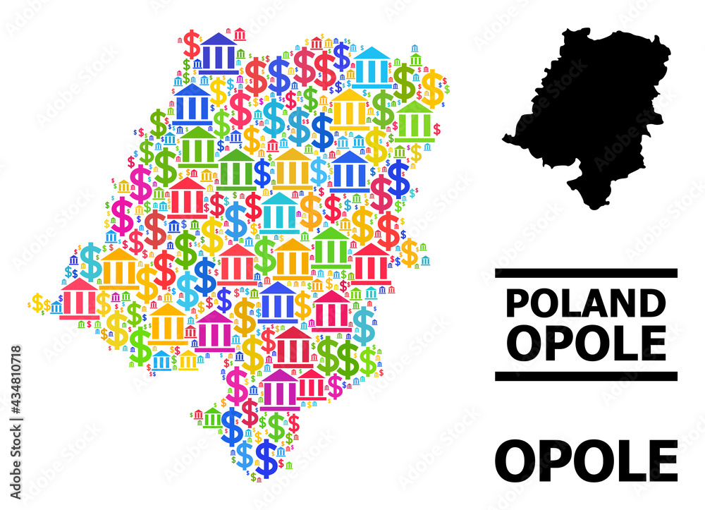 Obraz premium Colored bank and dollar mosaic and solid map of Opole Province. Map of Opole Province vector mosaic for advertisement campaigns and applications.