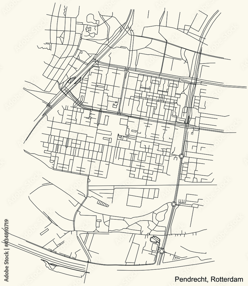 Black simple detailed street roads map on vintage beige background of the Pendrecht quarter neighbourhood of Rotterdam, Netherlands