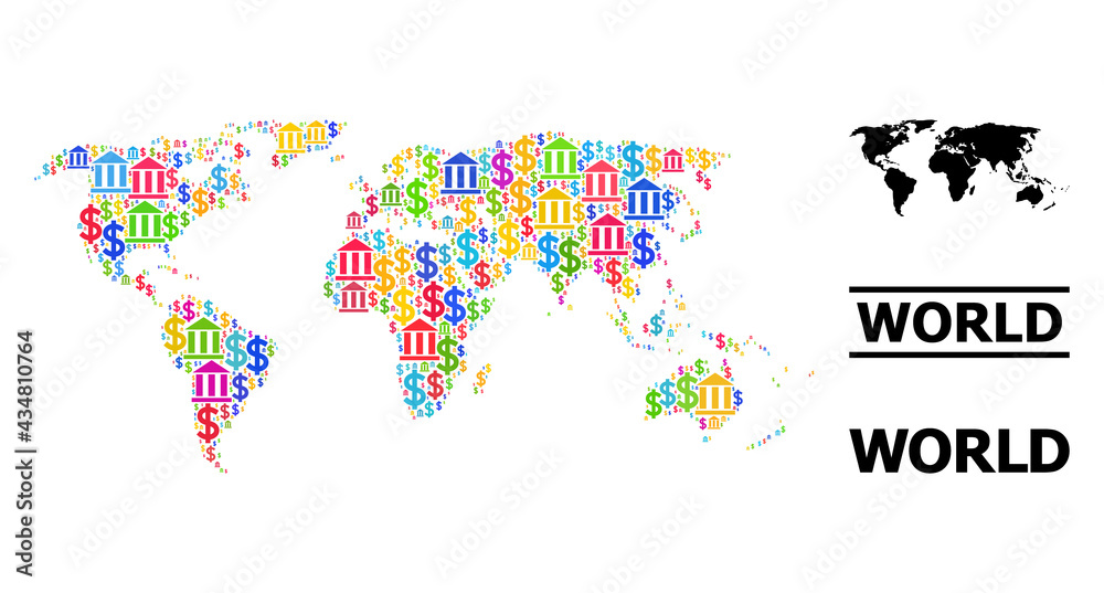 Fototapeta premium Bright colored banking and money mosaic and solid map of world. Map of world vector mosaic for geographic campaigns and applications.