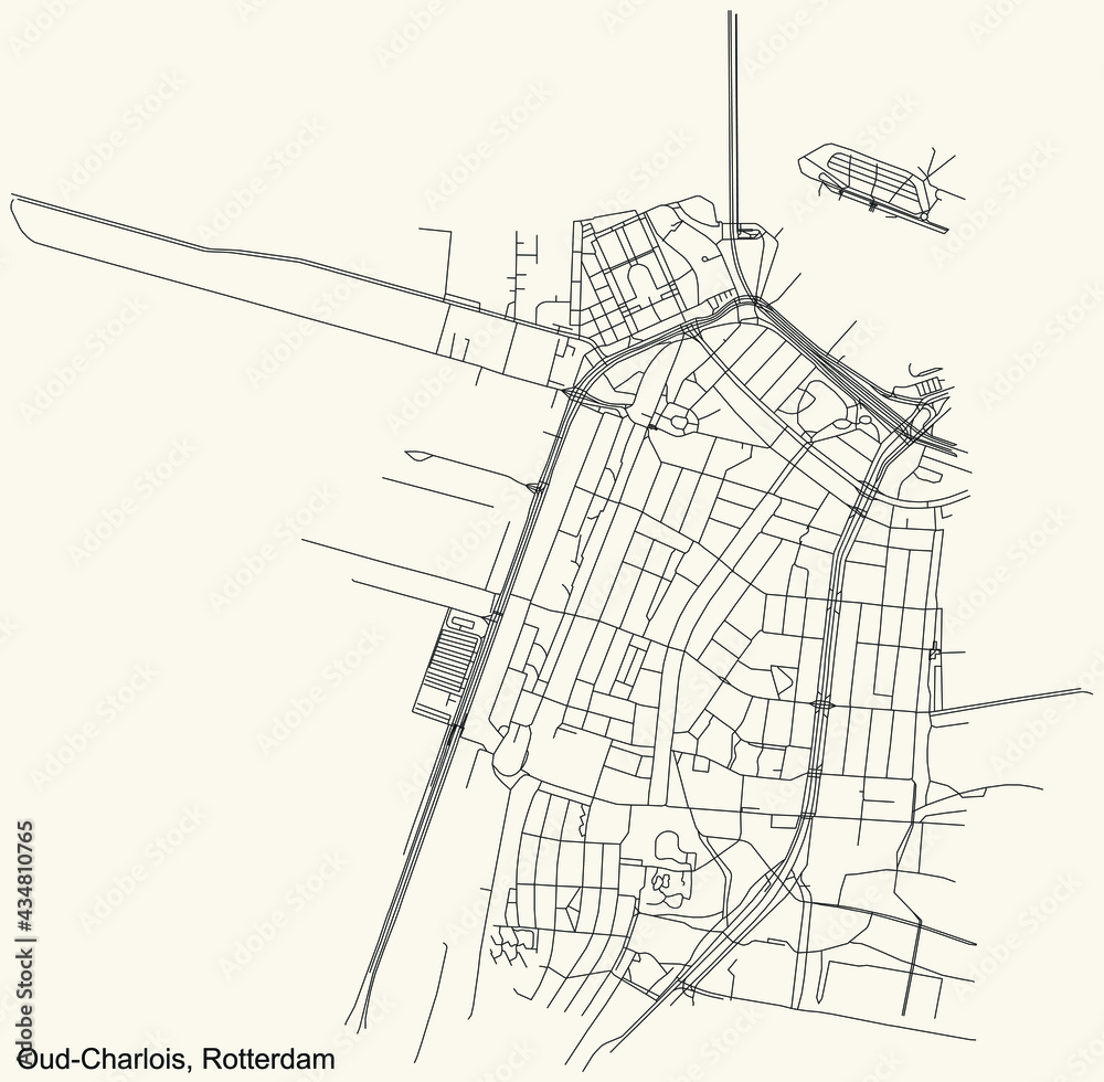 Black simple detailed street roads map on vintage beige background of the quarter Oud-Charlois neighbourhood of Rotterdam, Netherlands