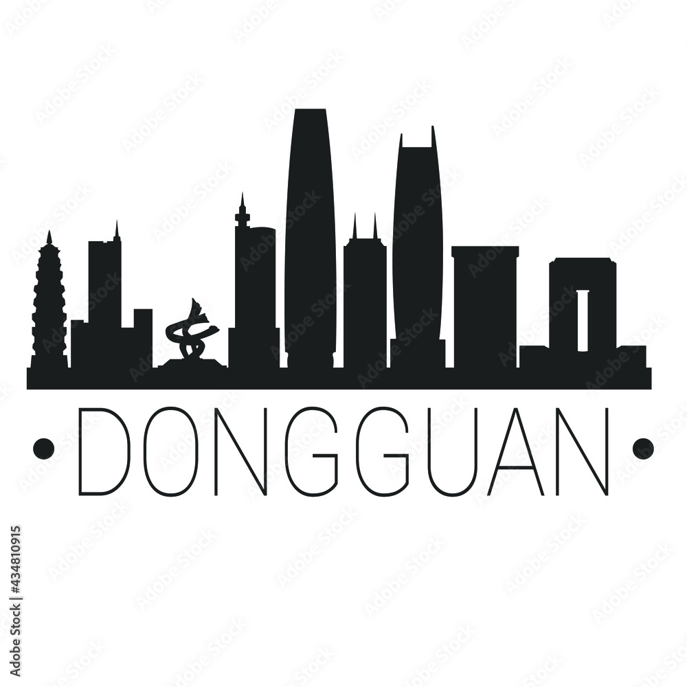 Dongguan, Guangdong Province, China City Skyline. Silhouette Illustration Clip Art. Travel Design Vector Landmark Famous Monuments.