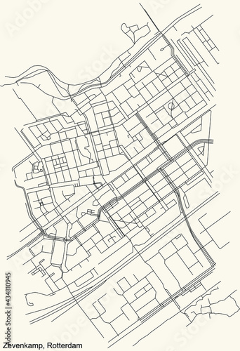 Black simple detailed street roads map on vintage beige background of the Zevenkamp quarter neighbourhood of Rotterdam, Netherlands