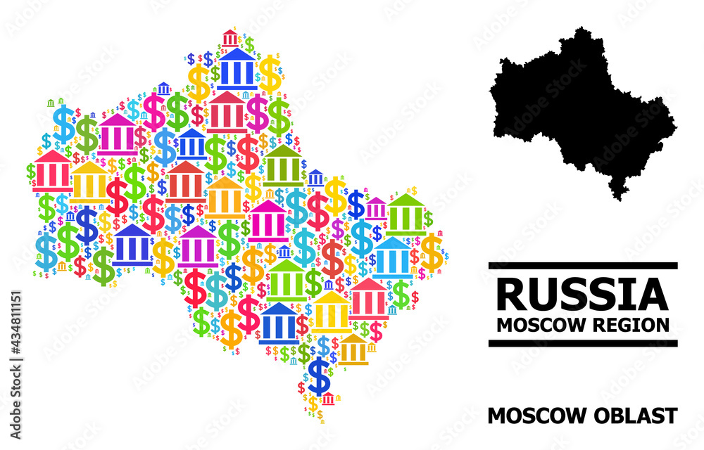 Obraz premium Bright colored bank and dollar mosaic and solid map of Moscow Region. Map of Moscow Region vector mosaic for promotion campaigns and proclamations.