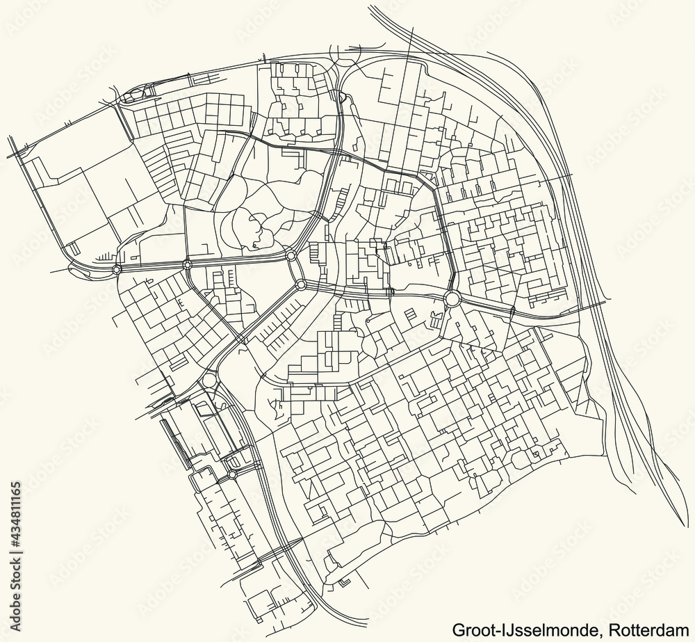 Black simple detailed street roads map on vintage beige background of the quarter Groot-IJsselmonde neighbourhood of Rotterdam, Netherlands