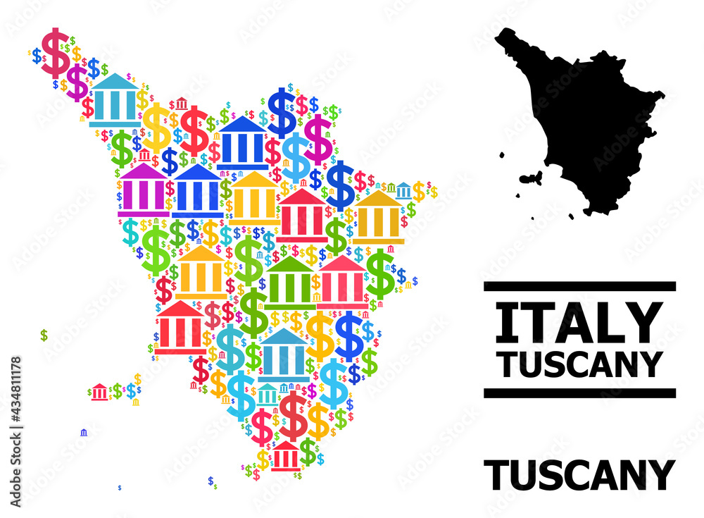 Multicolored bank and dollar mosaic and solid map of Tuscany region. Map of Tuscany region vector mosaic for promotion campaigns and promotion.