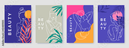 Poster set with line art woman figure and colorful floral backdrop. Elegant woman silhouettes in linear style. Outline girls. Ideal for beauty salon, makeup artist, stylist. Vector illustration.