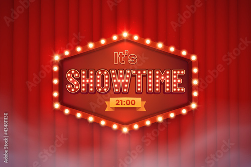 Shining showtime sign against the backdrop of a red curtain. Signboard with glowing bulbs in retro style. Banner design for show, concert or performance announcement. Vector illustration.