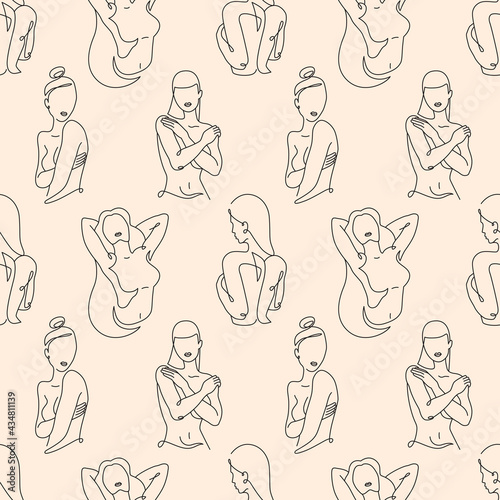 Seamless pattern with woman body in line art style. Elegant background with female linear silhouettes. Outline girls. Ideal for textile, beauty salon, makeup artist, stylist. Vector illustration.