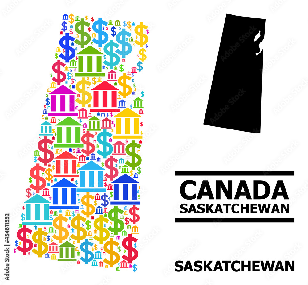 Colorful bank and economics mosaic and solid map of Saskatchewan Province. Map of Saskatchewan Province vector mosaic for business campaigns and agitation.