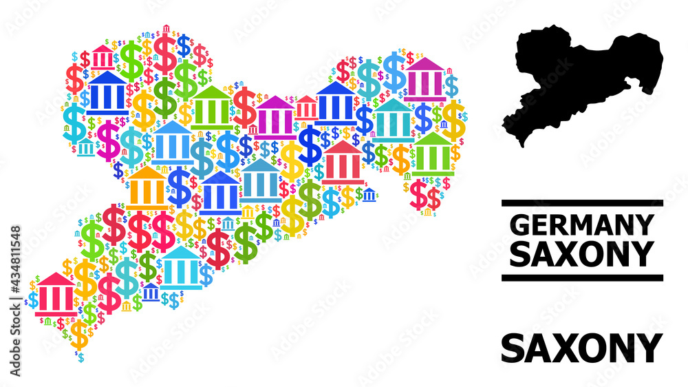 Fototapeta premium Vibrant bank and dollar mosaic and solid map of Saxony State. Map of Saxony State vector mosaic for ads campaigns and promotion. Map of Saxony State is composed with colored bank and dollar items.