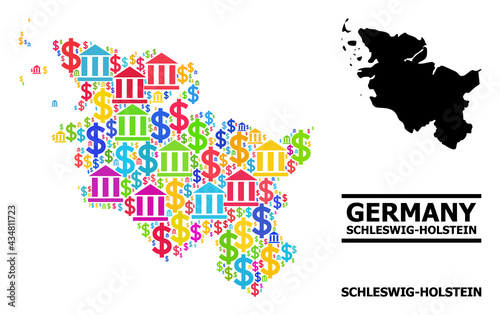 Multicolored bank and commerce mosaic and solid map of Schleswig-Holstein State. Map of Schleswig-Holstein State vector mosaic for advertisement campaigns and agitprop.