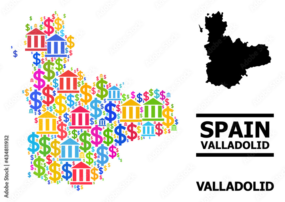 Fototapeta premium Colored bank and dollar mosaic and solid map of Valladolid Province. Map of Valladolid Province vector mosaic for ads campaigns and applications.