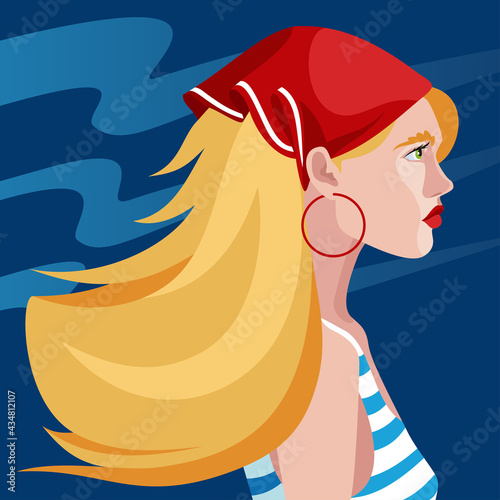 Portrait of a young woman with long white hair and a red scarf on her head. Fashion and beauty. Bright vector illustration in a flat style. Minimalism.