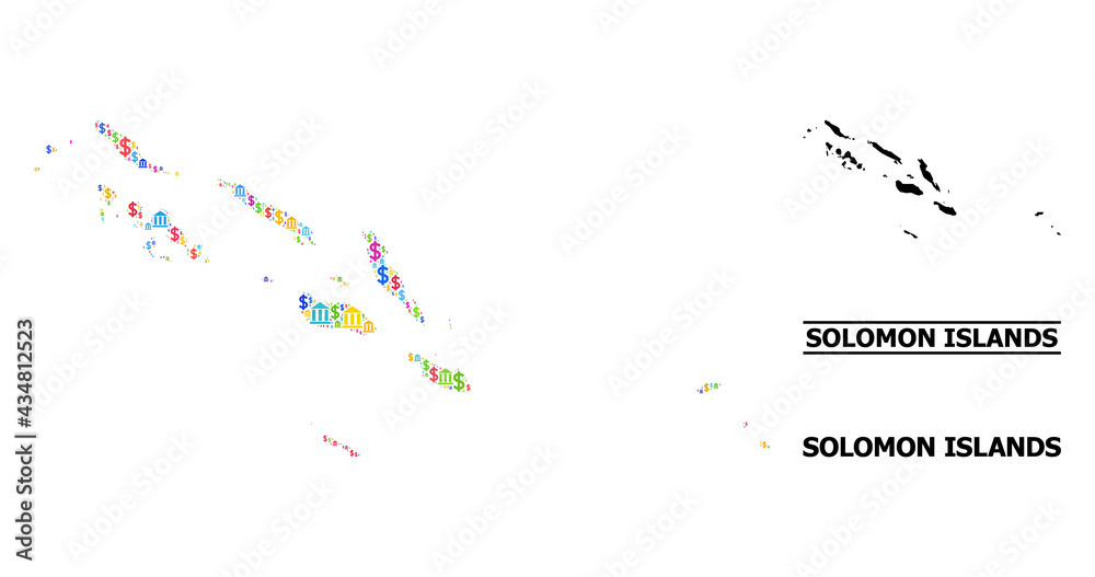 Colored bank and dollar mosaic and solid map of Solomon Islands. Map of Solomon Islands vector mosaic for GDP campaigns and agitation. Colored bank and dollar mosaic and solid map of Solomon Islands. Map of Solomon Islands vector mosaic for GDP campaigns and agitation.