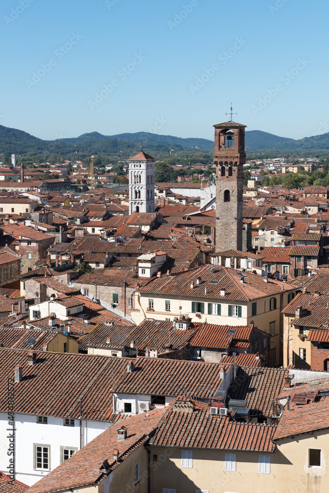 Rooftops of Lucca town from Torre Ginigi tower. Tuscany central Italy