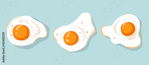 Set of fried eggs isolated on light background. Fast food cartoon style. Cooking lunch, dinner, breakfast. Natural product. Scrambled egg. Flat icon. Vector illustration