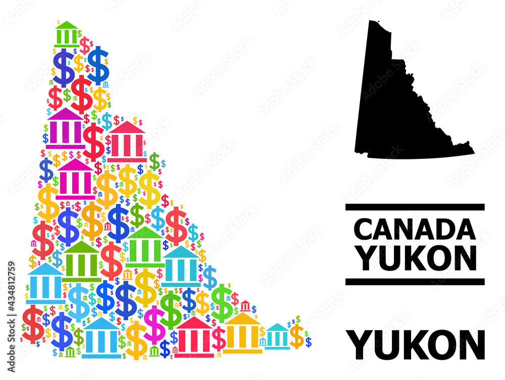 Multicolored bank and dollar mosaic and solid map of Yukon Province. Map of Yukon Province vector mosaic for business campaigns and proclamations.