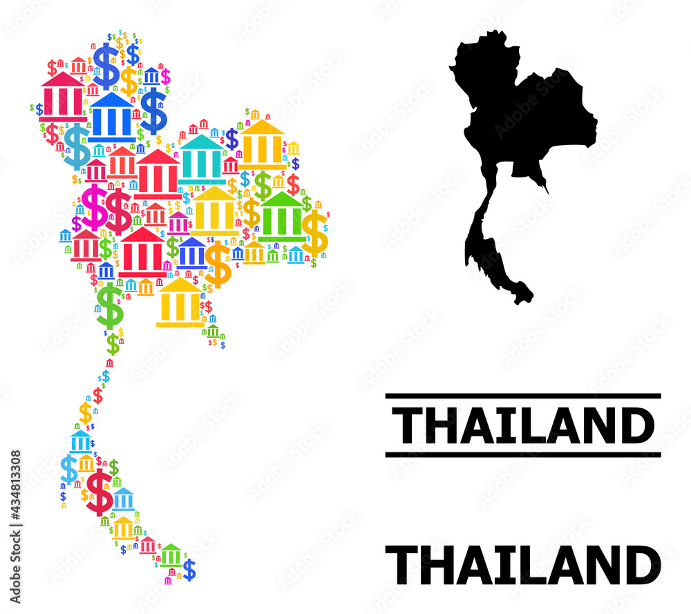 Naklejka premium Bright colored financial and economics mosaic and solid map of Thailand. Map of Thailand vector mosaic for promotion campaigns and promotion.