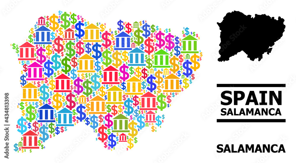 Fototapeta premium Vibrant financial and dollar mosaic and solid map of Salamanca Province. Map of Salamanca Province vector mosaic for geographic campaigns and proclamations.