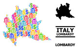 Colored bank and dollar mosaic and solid map of Lombardy region. Map of Lombardy region vector mosaic for promotion campaigns and proclamations.