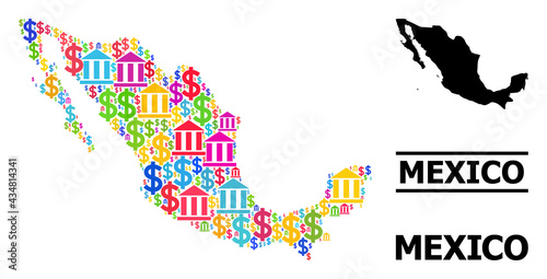 Vibrant bank and money mosaic and solid map of Mexico. Map of Mexico vector mosaic for geographic campaigns and projects. Map of Mexico is formed with vibrant dollar and bank icons.