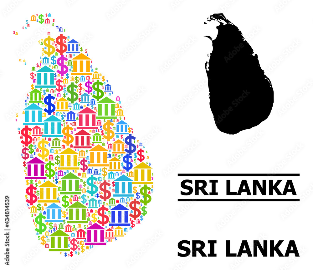 Multicolored bank and dollar mosaic and solid map of Sri Lanka. Map of