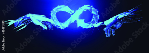 Reaching hands close up detail from The Creation of Adam of Michelangelo fresco detail illustration repro and Circular economy with infinite concept. Arrow infinity symbol on dark blue background