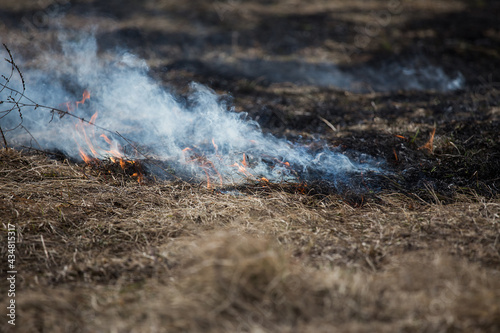 a fire caused by a person because of a campfire. a growing flame in a field on dry grass. a natural disaster. firefighters are working to extinguish the fire in smoke and smog