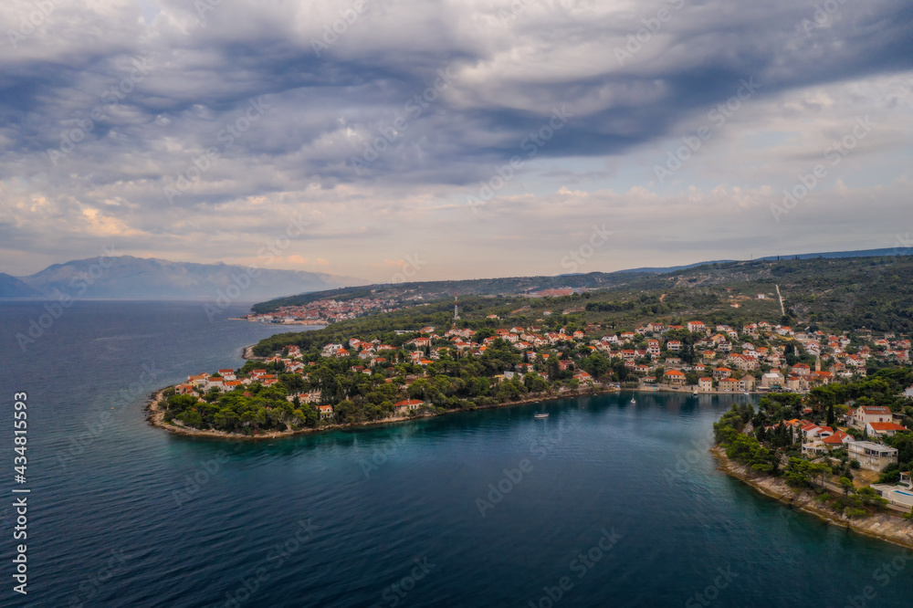 Aerial panoramic drone view on village Splitska on Brac island, Croatia. August 2020