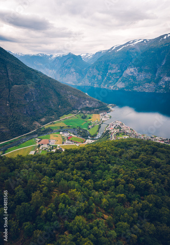 Norway, fjords. Mountain look out. City in the distance.