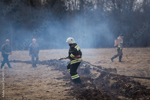 a band of fire in the field. the fire brigade extinguishes the fire with water from the fire hose. fighting with the raging fire element. natural disaster due to forest fires