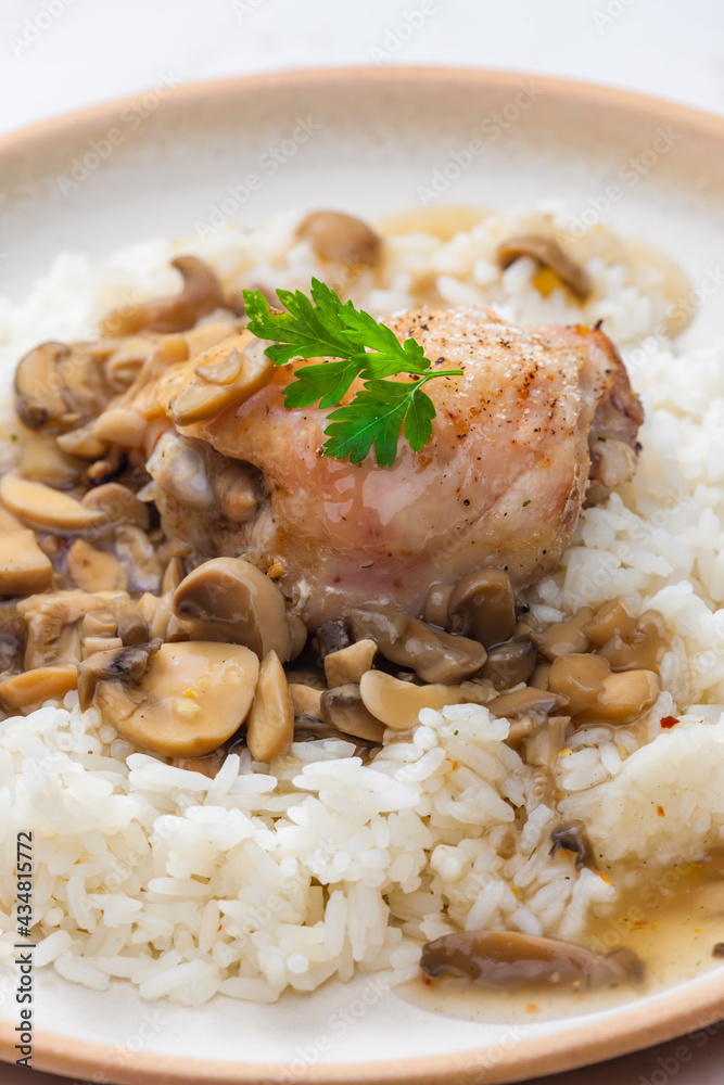 grilled chicken meat with mushroom sauce and rice grilled chicken meat with mushroom sauce and rice