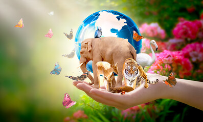 Earth Day or International Day for Biological Diversity concept. Group of animals, butterflies and globe in hand. Saving our planet, protect wildlife nature reserve, protection of endangered species.