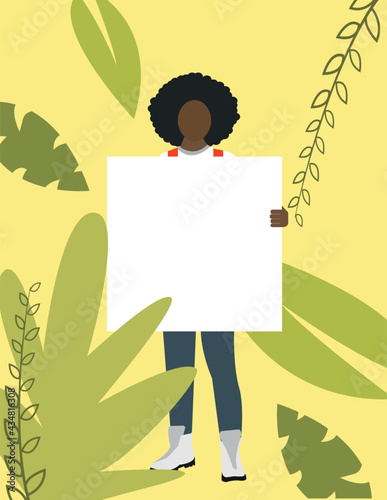 A man holding a sign frame for text. A man with an afro hairstyle. Tropical vector illustration. Banner, advertising poster. Frame for advertising. EPS african. Black lives matter.