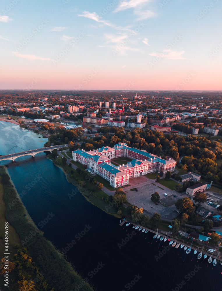 Jelgava, Latvia, state University, aerial sunset. Winding river.