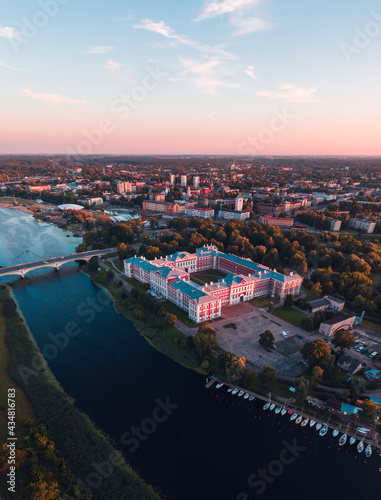 Jelgava, Latvia, state University, aerial sunset. Winding river.