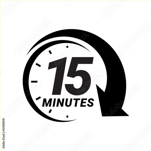 Minute timer icons. sign for fifteen minutes. The arrow indicates the limited cooking time or deadline for an event or task. Vector illustration