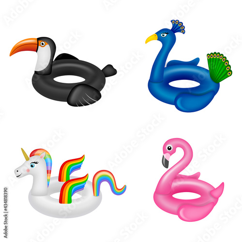 Set of summer inflatable toys. isolated swimming rings in the shape of animals