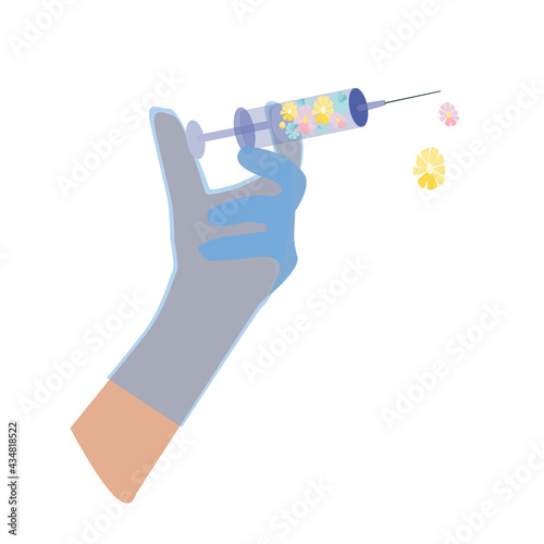 hand is holding a syringe with an injection in his glove. vaccination. vaccination. the injection. vector image isolated on a white background