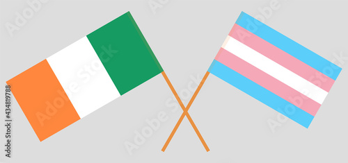 Crossed flags of Ireland and transgender pride. Official colors. Correct proportion
