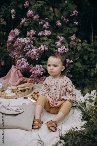 little girl with a serious look sits on a picnic blanket in the park or garden. girl sitting near a lilac bush on a picnic. the child is thinking about something. the child is waiting for his parents