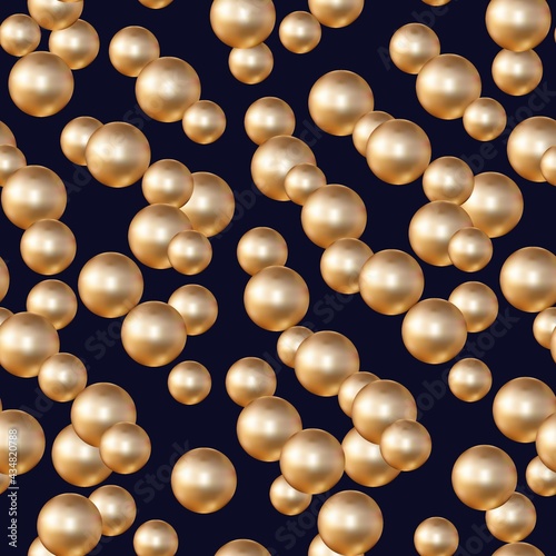 Golden pearls 3d on a dark background. Abstraction with 3d spheres or golden bubbles. Jewelry background concept. Seamless vector pattern.