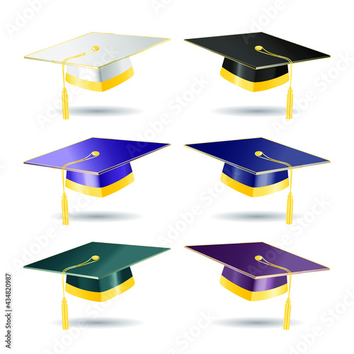 Graduation student hats collection with golden elements. Vector set of white, black, blue, violet, green and beet color education caps on white background.