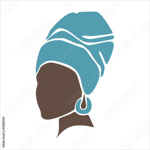 Abstract woman portrait in flat style. Afro american black skin girl with headwear and earrings. Vector illustration