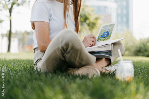 Top view of Cropped woman hands holding and watching a family photo album. Mother sit on green grass in park and watching album with little baby son kid boy outdoors.