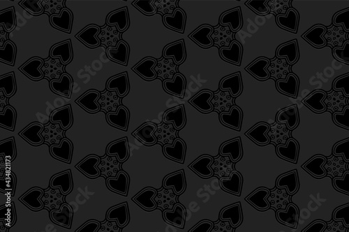 3D volumetric convex embossed geometric black background. Ethnic pattern with national Indian flavor. Ornament with hearts for wallpaper, website, textile, presentation.